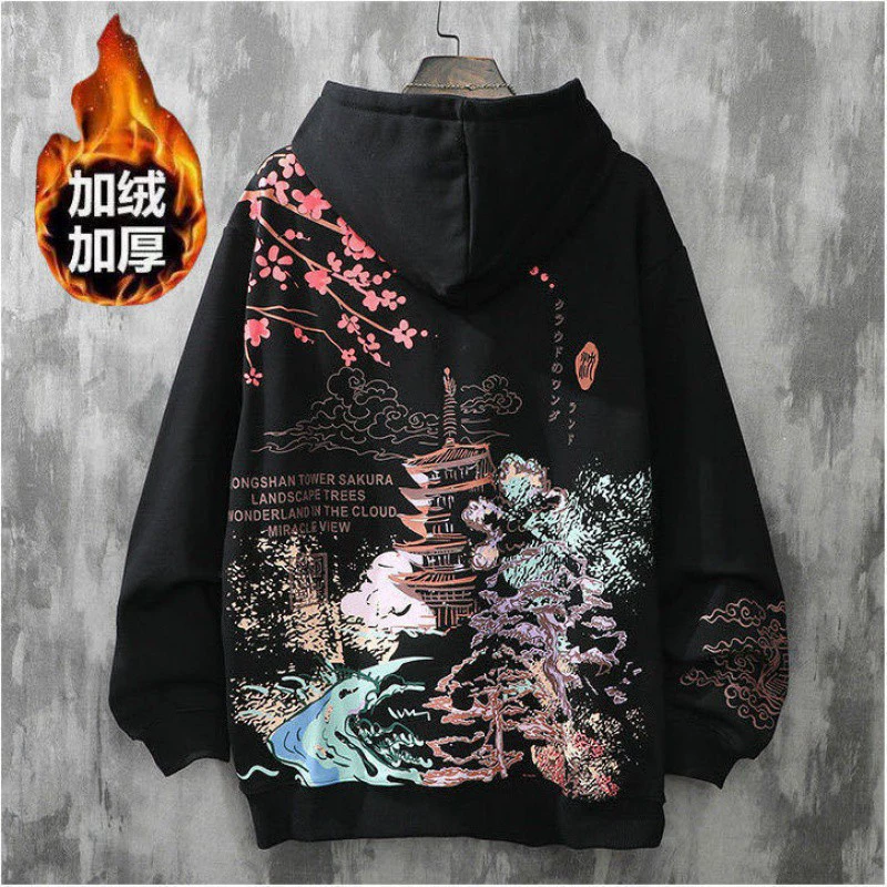 Sweatshirt Autumn Thin Hoodie, Unisex Loose Fit, Chinese-Style Sakura Print