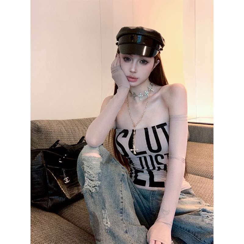 American-Style Spicy Girl Pure Desire Sexy Strapless Top for Women with Letter Print, Slimming Off-Shoulder Long-Sleeve Fitted T-Shirt Inner Wear
