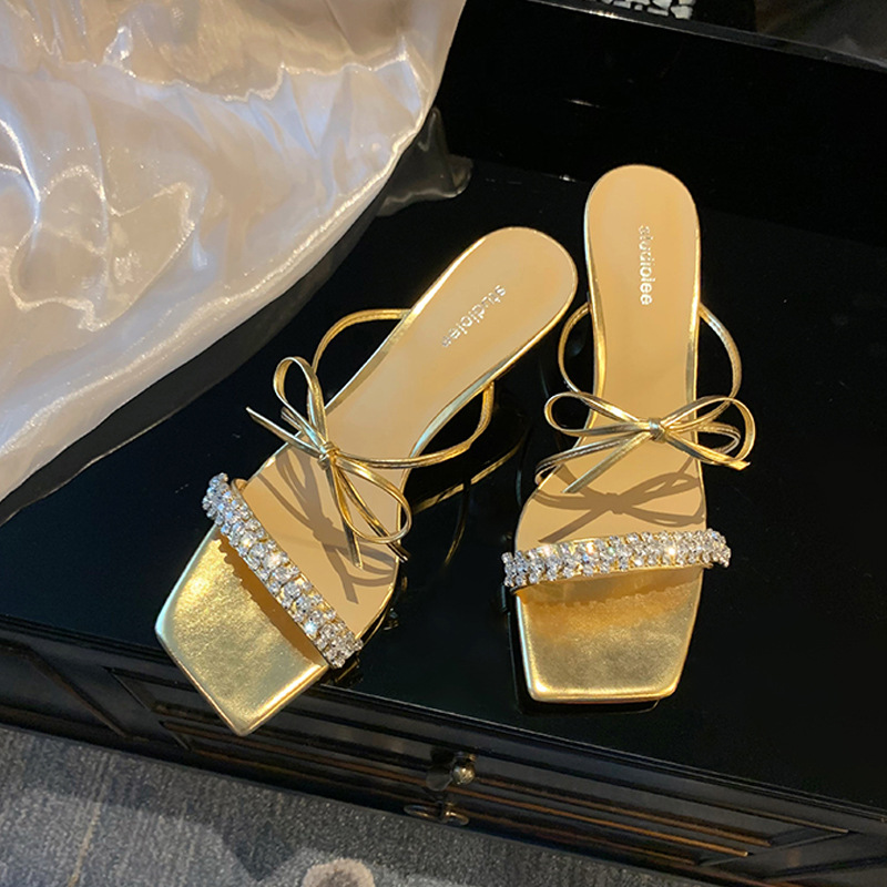 Elegante oro cuadrado diamante sandalias de tacón alto verano arco francés zapatillas de tacón alto para mujeres