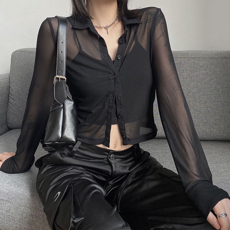 Sweet Cool Spice Girl POLO Neck Perspective Mesh Sunscreen Long Sleeve Shirt Stylish Fashionable All-match Short Inner Base Shirt Sweet Cool Spice Girl POLO Neck Perspective Mesh Sunscreen Long Sleeve Shirt Stylish Fashionable All-match Short Inner Base Shirt