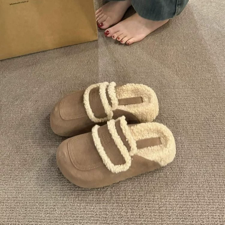 Толстая подошва увеличена, баранья шерсть, булочка, тапочки женский 2024 новый осенний и зимний ретро бархат, теплая, супер мягкая хлопчатобумажная обувь