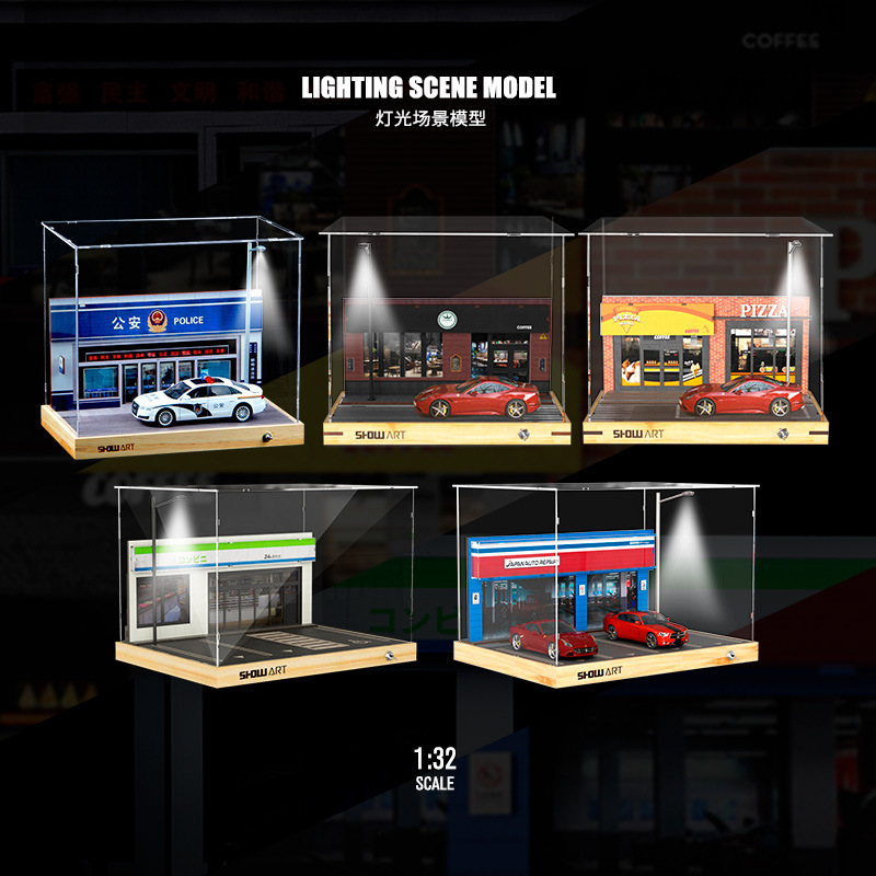 1:32 simulación modelo de estacionamiento escena caja de exhibición a prueba de polvo de aleación de juguete de almacenamiento de coches adornos de iluminación a prueba de polvo