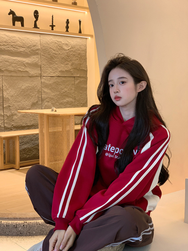 实拍卫衣男女情侣装春秋2025初秋新款设计感宽松条纹连帽韩版上衣|undefined