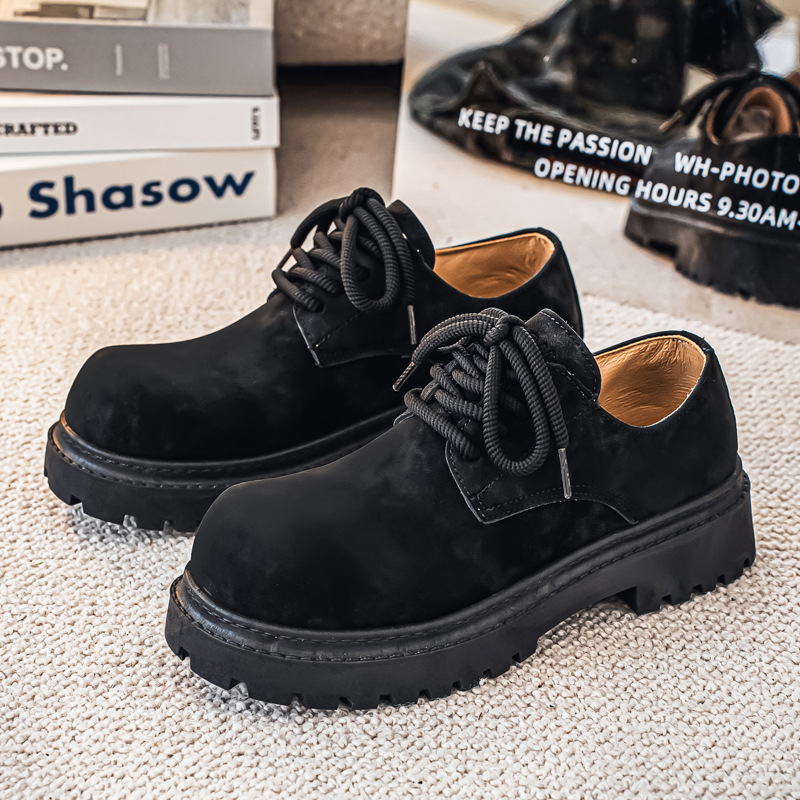 德比鞋男款通勤圆头大头鞋工装马丁鞋厚底增高帅气黑色休闲小皮鞋