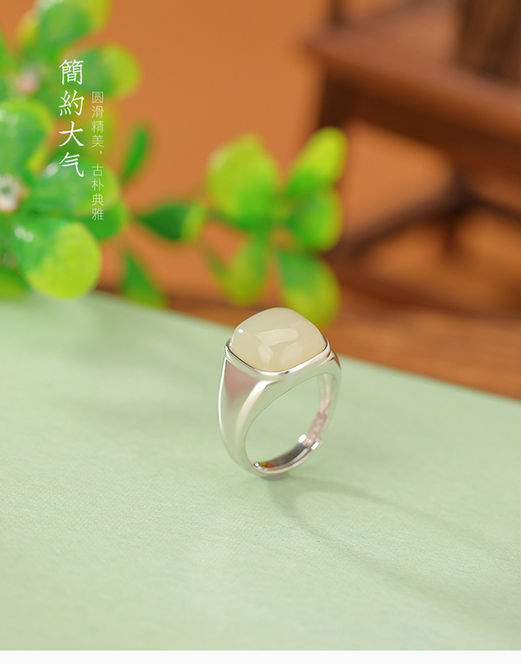 Nhẫn nữ bạc S925 đính ngọc bích Hetian phong cách retro hình vuông, thiết kế mở có thể điều chỉnh — Mở một size chi tiết 2