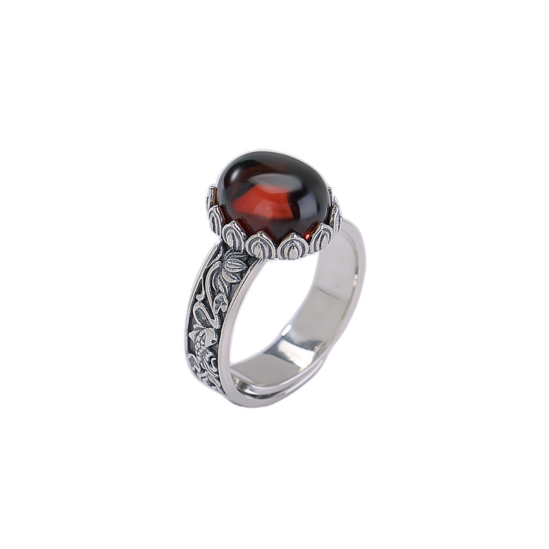 Nhẫn bạc S925 đính cabochon hổ phách máu hình cá chép sen phong cách vintage dân tộc — Mô hình sáp ong