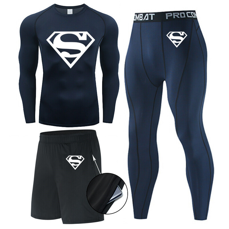 Traje de hombre de compresión de tres piezas de secado rápido medias de manga corta para correr traje deportivo ropa de entrenamiento de baloncesto gimnasio