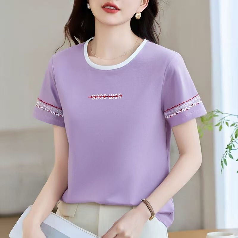 Summer New Style Contrasting Color Loose-Fitting Slimming Stylish T-Shirt for Women [Embroidery on the Chest, Printed Sleeves] (92% Cotton, 8% Spandex)