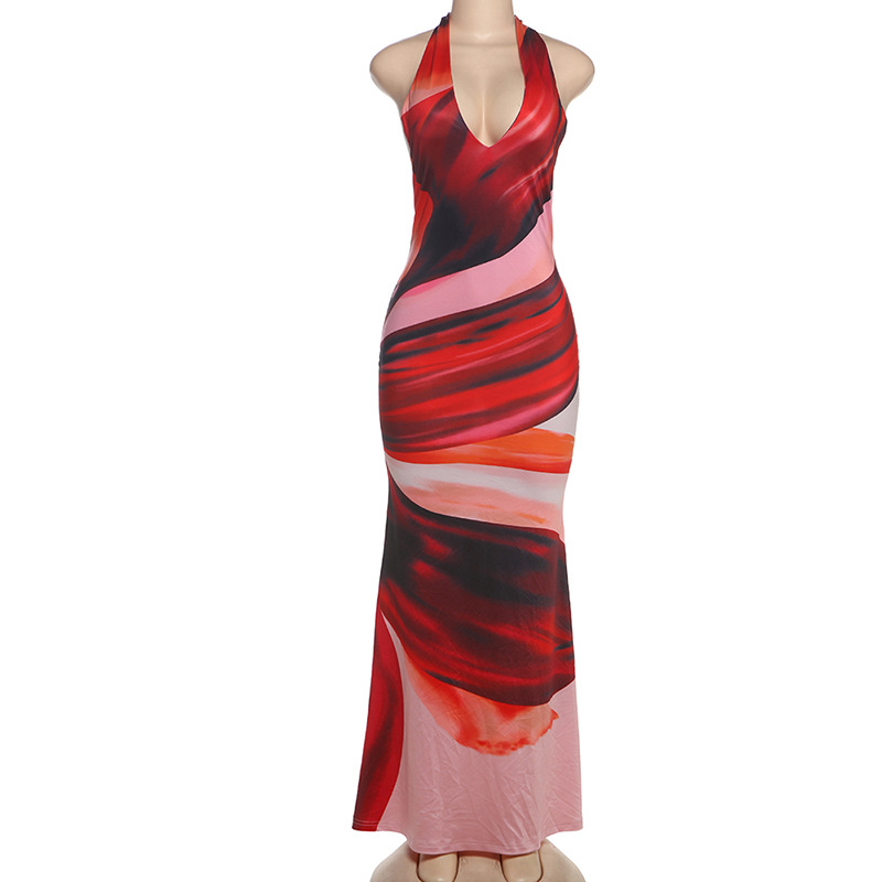 Womens Spring Fashion Dress Sexy Halter Neck Color Block Print Bodycon Fit Backless Design Evening Wear