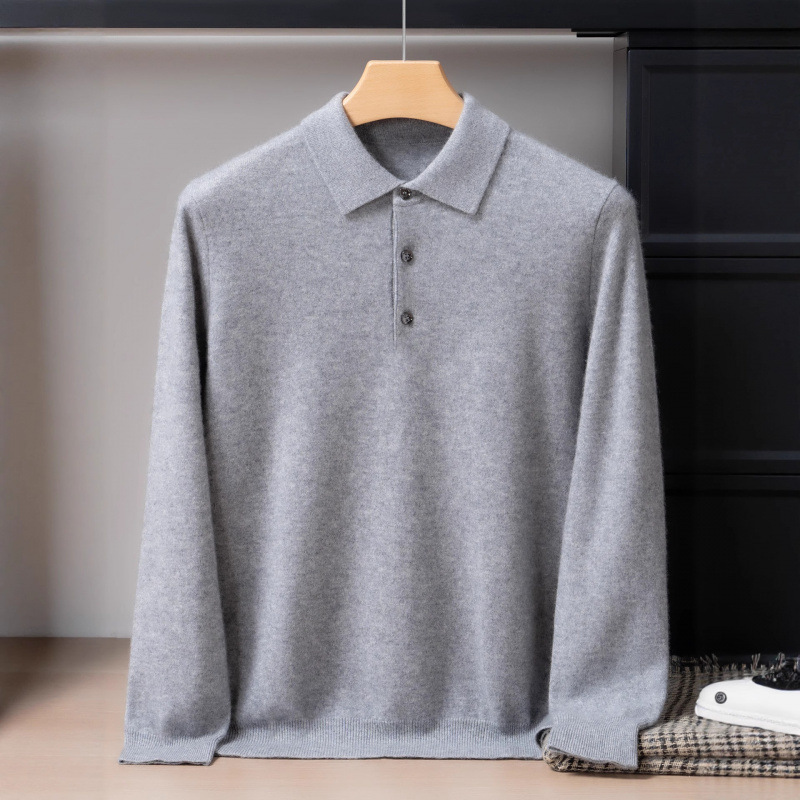 100% pure cashmere sweater for men, light luxury, simple solid color POLO shirt, business casual pullover knit sweater