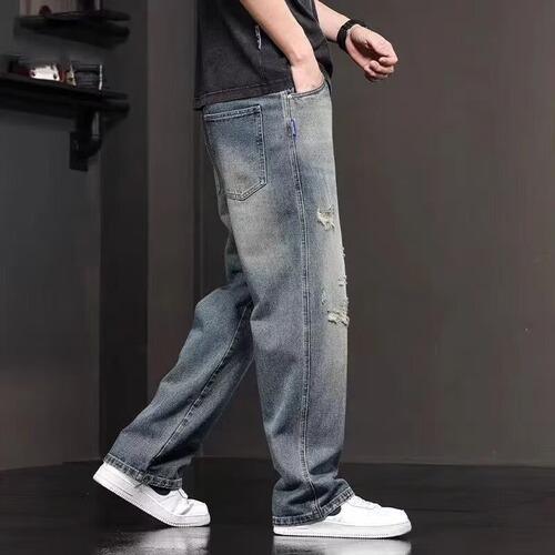 American-style ripped jeans for men, summer new straight-leg loose wide-leg casual pants, washed long pants for men