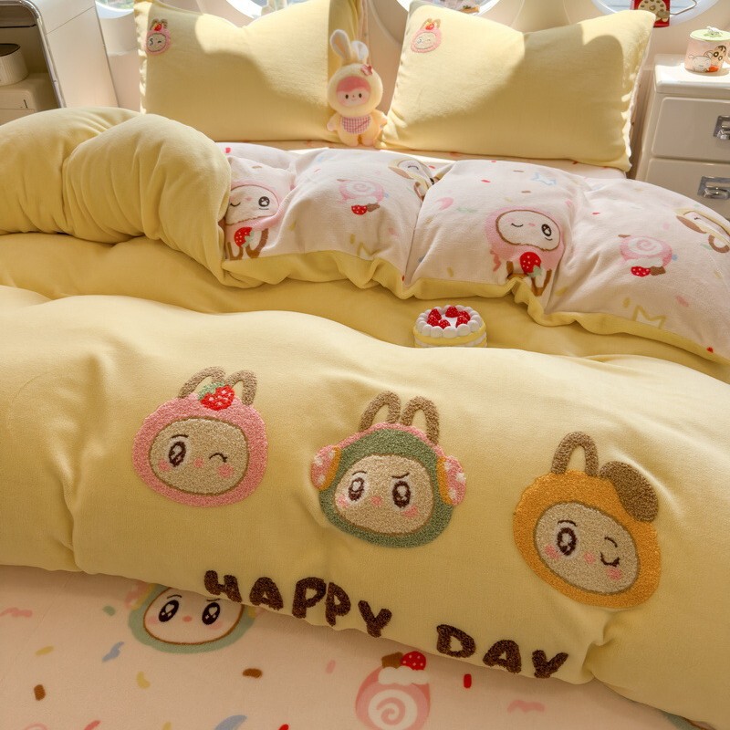 Category a Maternal and Infant Grade Thickeneded Warm Milk Velvet Bed Four-Piece Set Cartoon Towel Embroidered Fleece-Lined Quilt Cover Student Quilt
