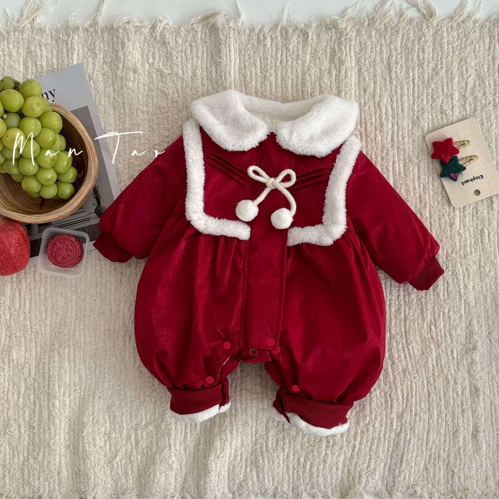 Ropa de invierno para bebé, lindo abrigo de algodón grueso cereza, ropa de año nuevo para bebé, ropa roja de año nuevo, ropa exterior, mono de año nuevo