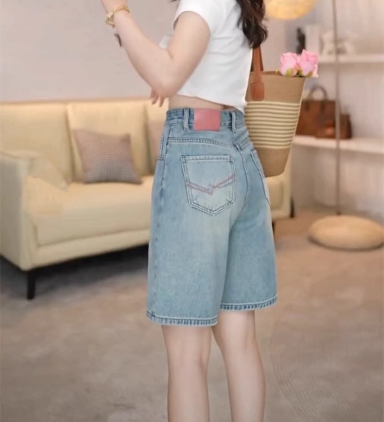 Quần short denim retro nữ lưng cao, phong cách mùa hè, mỏng nhẹ cho người dáng nhỏ — Màu xanh lam nhạt chi tiết 2
