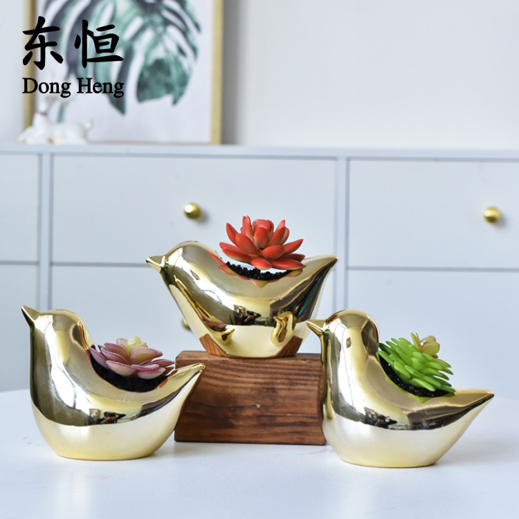 东恒 zakka电镀金色陶瓷可爱卡通动物小鸟多肉家居园艺跨境平台