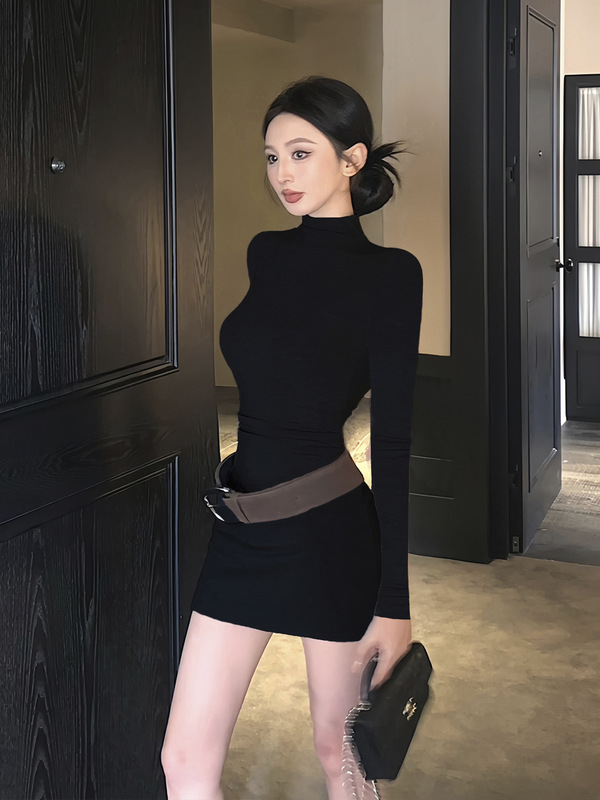 French Style Tight-Fitting Hip Skirt Short Autumn and Winter Style Slim and Sexy Inner Black Long-Sleeved Dress for Women