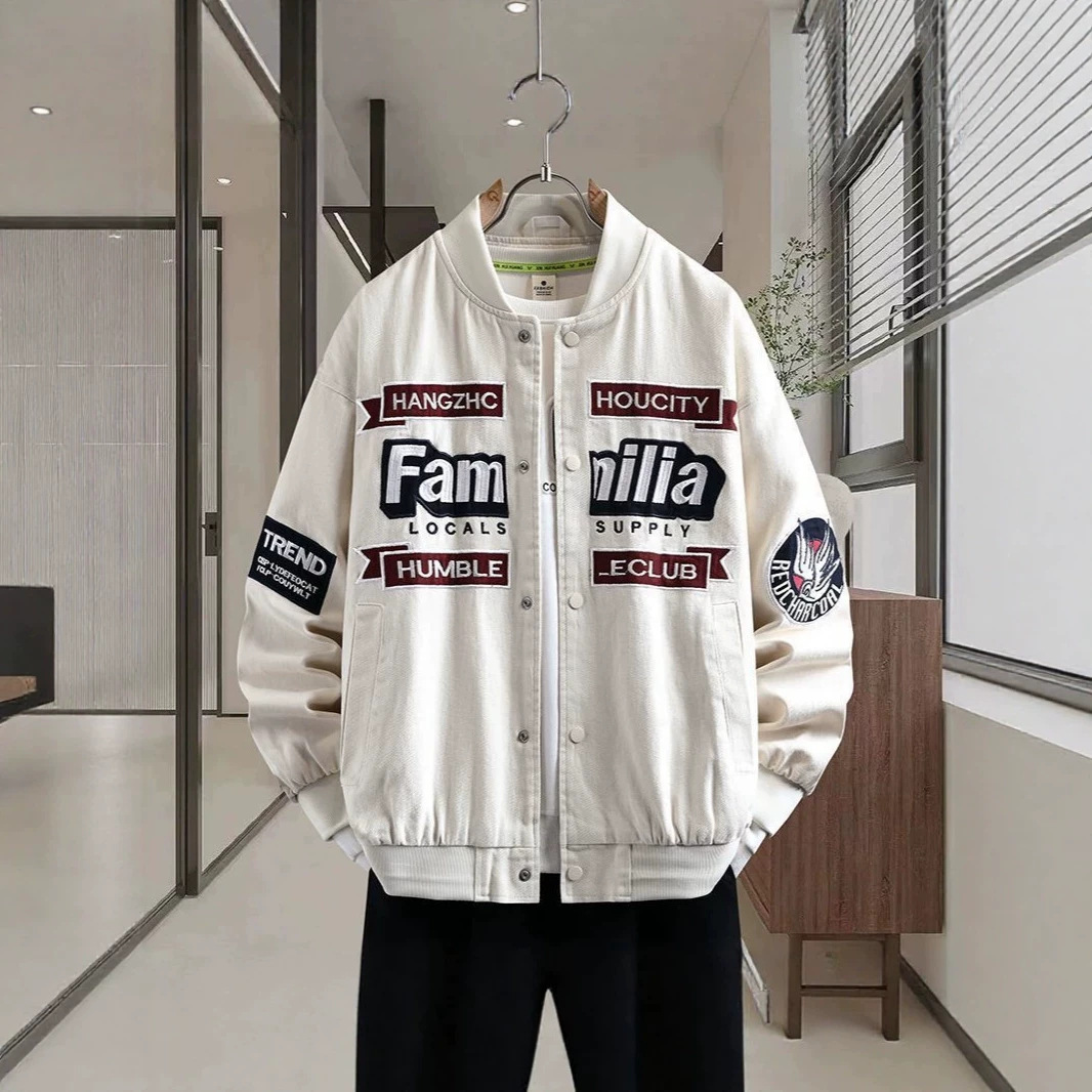 小众春圆领棒球服绣花图案男潮流休闲情侣运动百搭嘻哈宽松夹克外