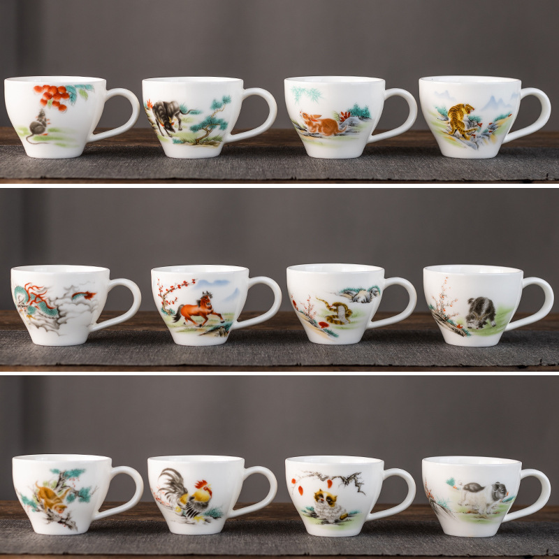 12生肖羊脂玉瓷带把咖啡杯大号茶杯功夫泡茶杯德化白瓷敬茶杯耐热