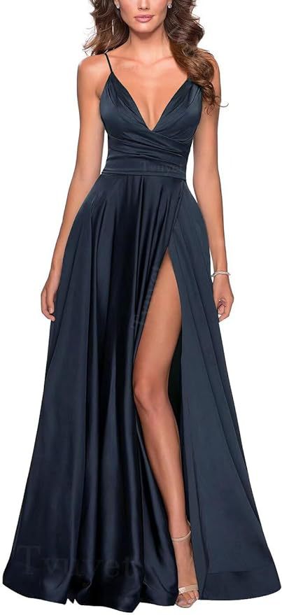 Elegante vestido de fiesta largo con cuello en V dividido, plisado de dama de honor de gasa larga, vestido formal, vestido de noche de satén