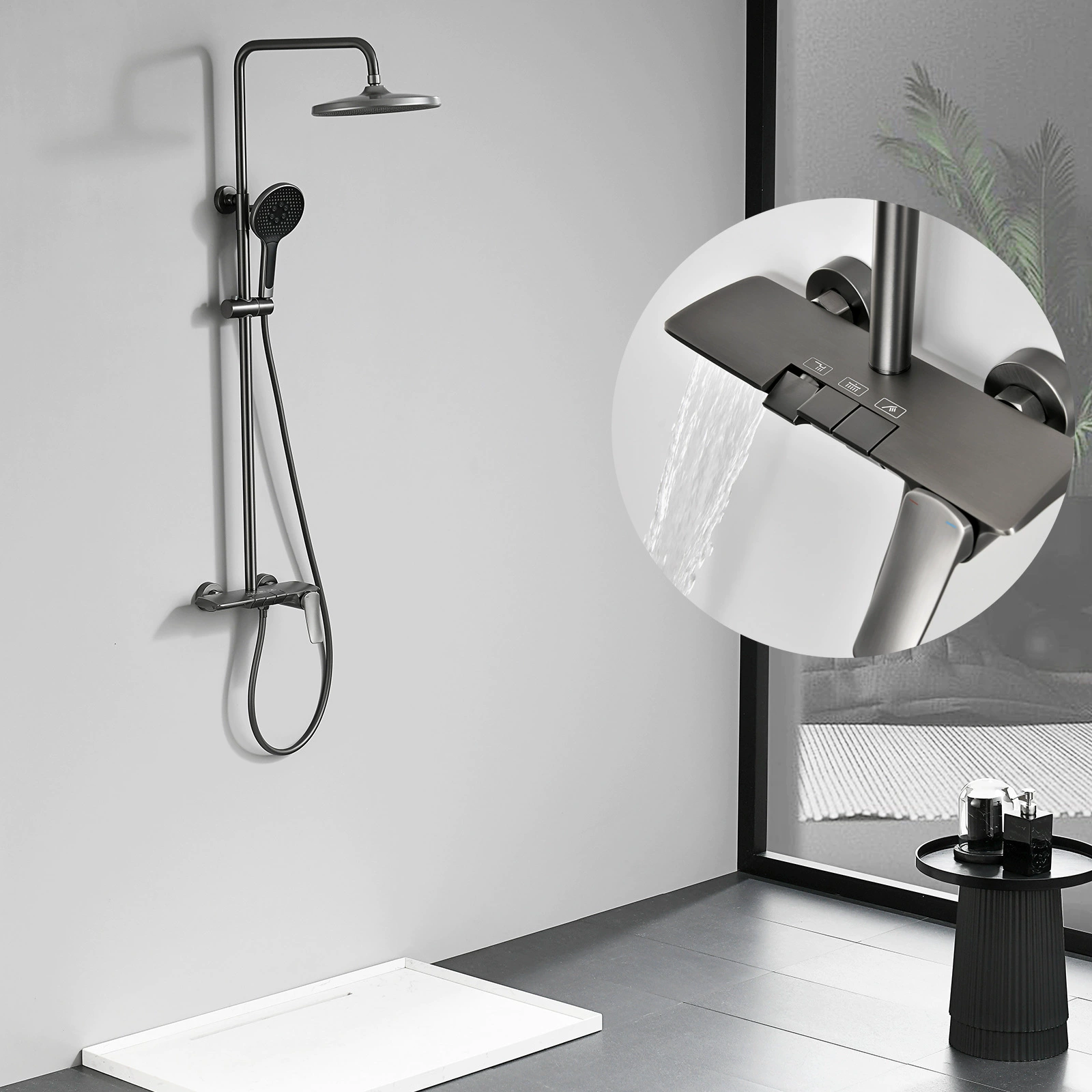 Производитель оптом душевых гарнитуров HIDEEP для ванных комнат, с функцией горячего и холодного водоснабжения, накладной монтаж, серый цвет.