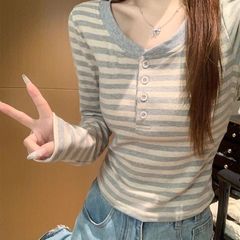 撞色条纹长袖T恤女春秋新款辣妹修身别致正肩短款内搭打底衫上衣