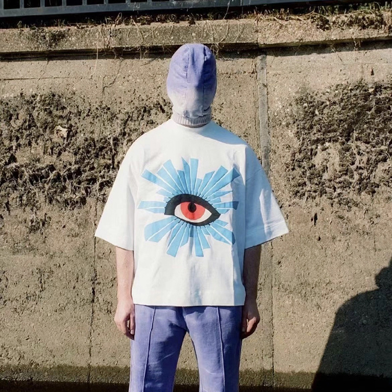 Hermosa moda High Street VINTAGE OJO DE LA Verdad impreso casual cuello redondo suelto manga corta hombres y mujeres mismo estilo pareja moda de verano