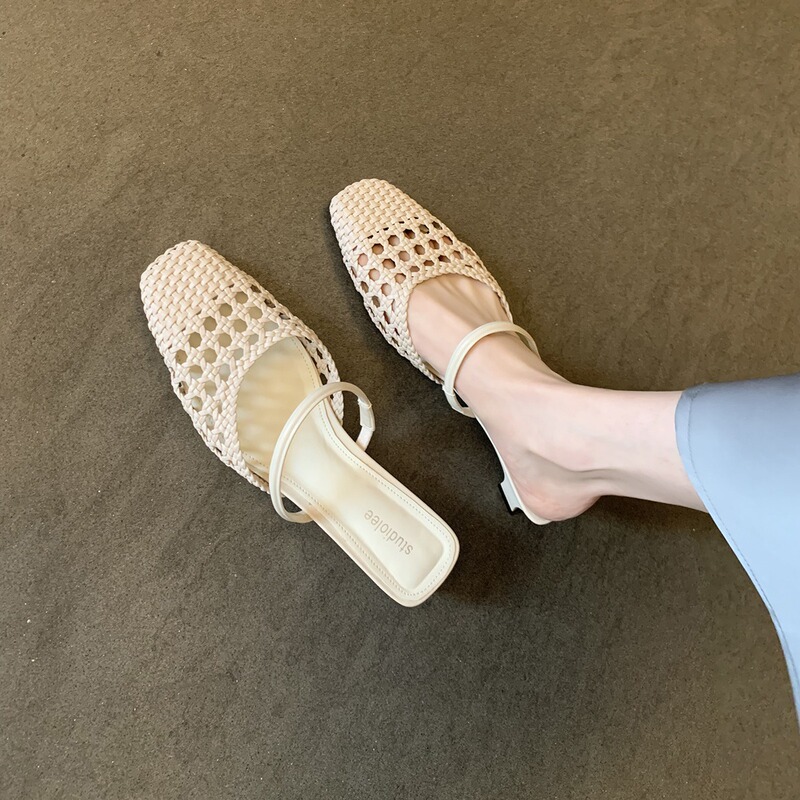 Sheepskin Version ~ Grape Mom's Same Style Shoes French Square Toe Cut Out Braided One-line High-heeled Mule Half-slip Women's Spring and Summer