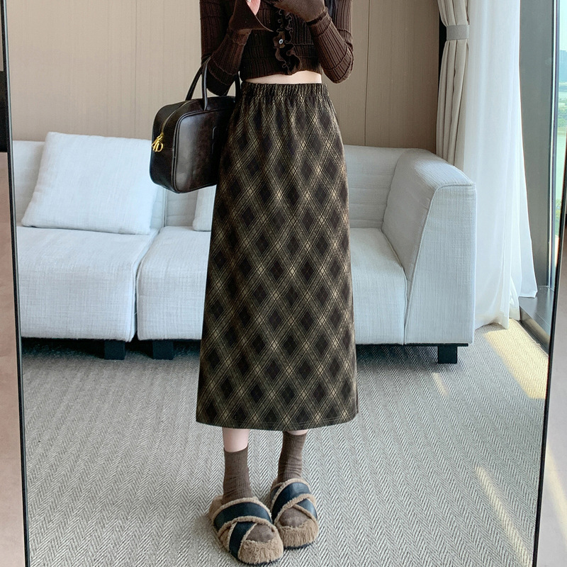 复古格子毛呢开叉半身裙女2025新款秋冬加厚松紧腰包臀显瘦中长裙|undefined