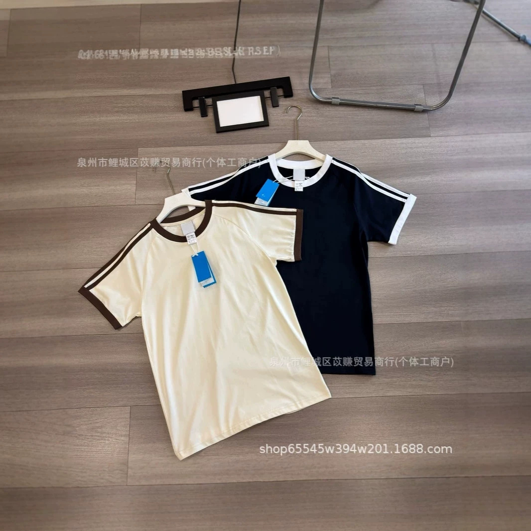 Summer American style pure cotton trendy color-blocked raglan striped round neck T-shirt couple's shirt couple outfit solid color base shirt