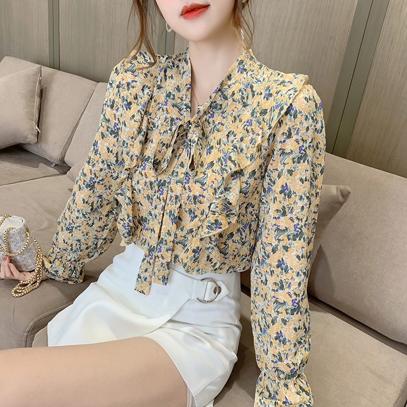 Real Shot 2021 Spring And Autumn New Chiffon Shirt Women's Long-Sleeved Ribbon Printed Bow Shirt Shirt Was Thin