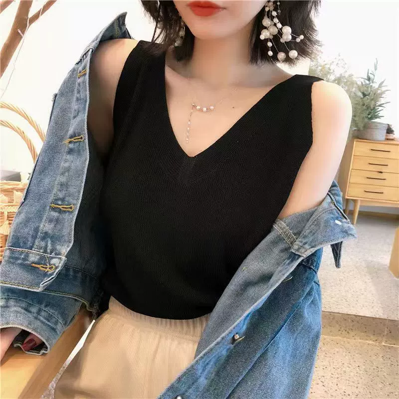 冰丝v领吊带背心夏季新款针织衫女上衣宽松套头内搭外穿简约透气
