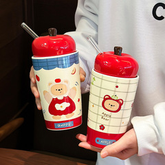 赤いリンゴの熊の陶磁器のマグカップの高い顔の値のかわいい大容量のコップの女子学生の祝日の贈り物のストローのコップ
