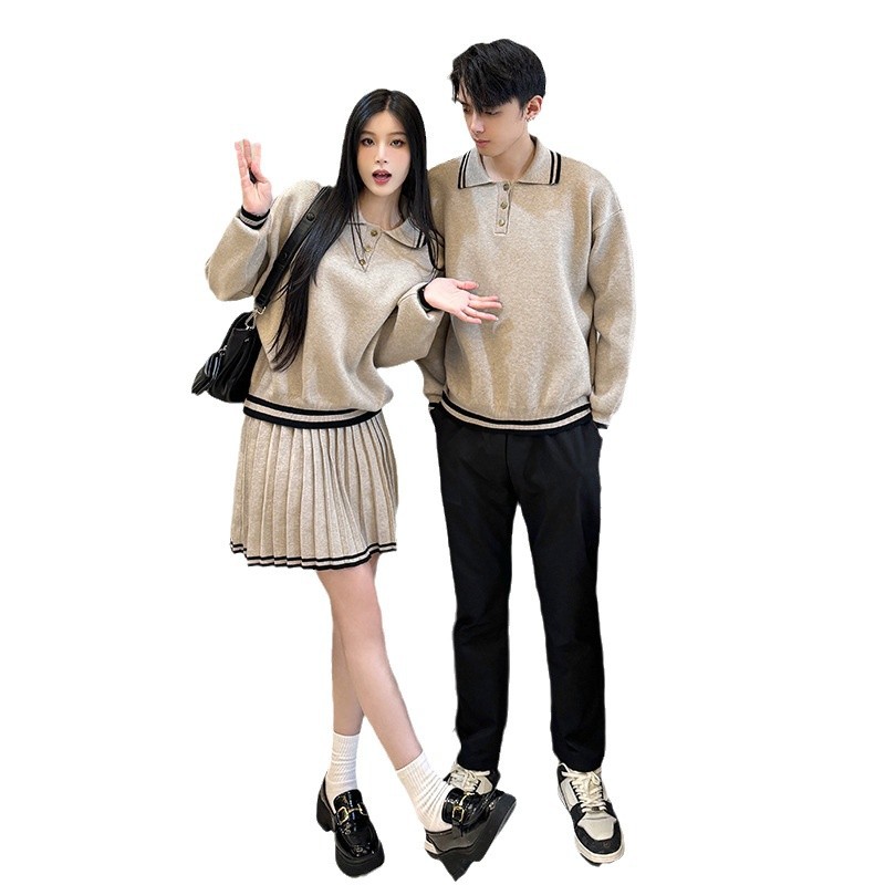 대학 스타일의 커플 의류 작은 느슨한 올 매치 원 원피스 스커트 니트 스웨터 주름 패션 폴로 칼라 스웨터