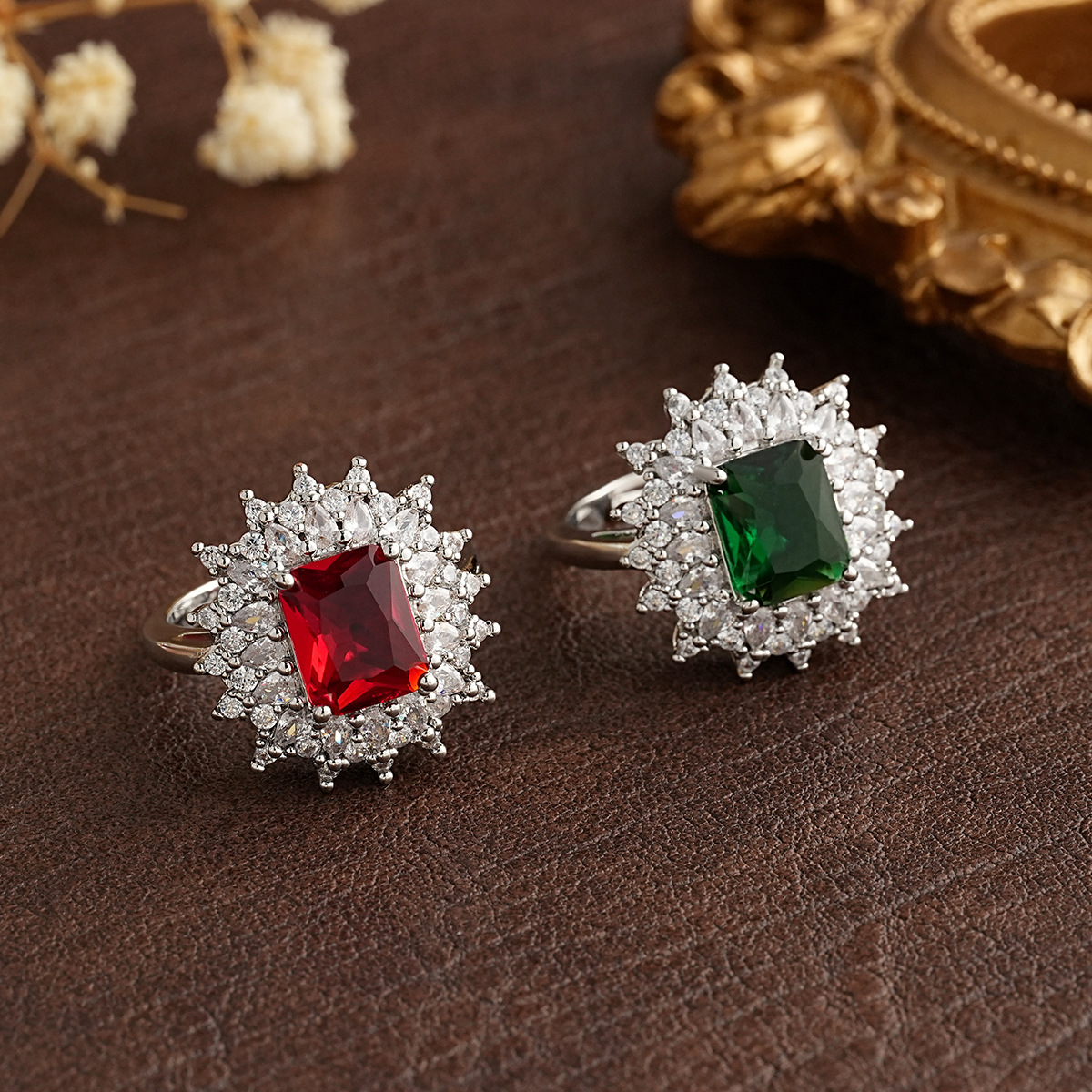 Cross-Border New Luxury Colorful Zircon Open Ring, Bold Style for Women, Wedding Season Engagement, Super Sparkling Main Stone Jewelry