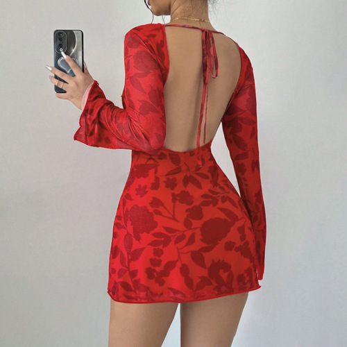 W229DS Western Autumn Round Neck Long Sleeve Sexy Leopard Print Belted Backless Short Dress