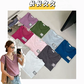 【长长久久】韩系九色交叉卷边V领雨露麻纯色短袖百搭显瘦棉麻T恤