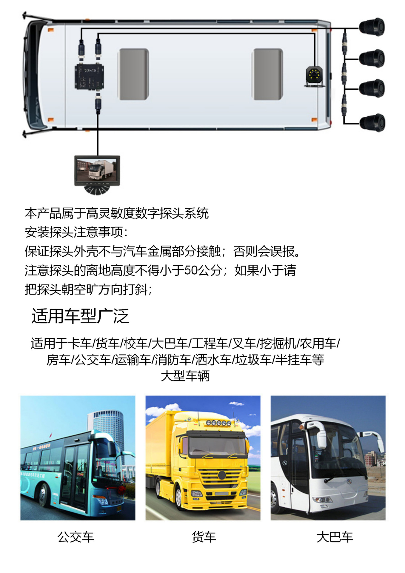 Truck reversing camera display high-definition 12V24V harvester 7inch dashcam four-way monitoring radar