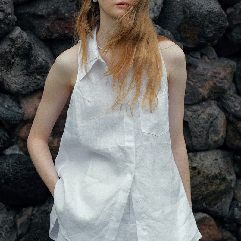 Clean Sen Linen Notched Collar Sleeveless Shirt Top Clean Sen Linen Notched Collar Sleeveless Shirt Top