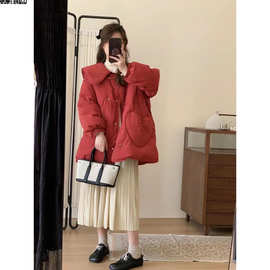 红色羽绒服女韩版小香风甜美娃娃领结婚新娘冬季新款保暖圣诞年款