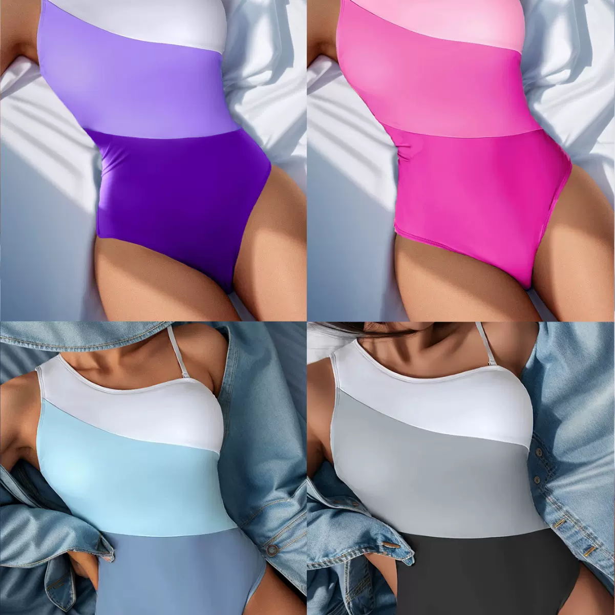 2023新款欧美外贸亚马逊拼色高腰性感比基尼连体泳衣泳装女士批发