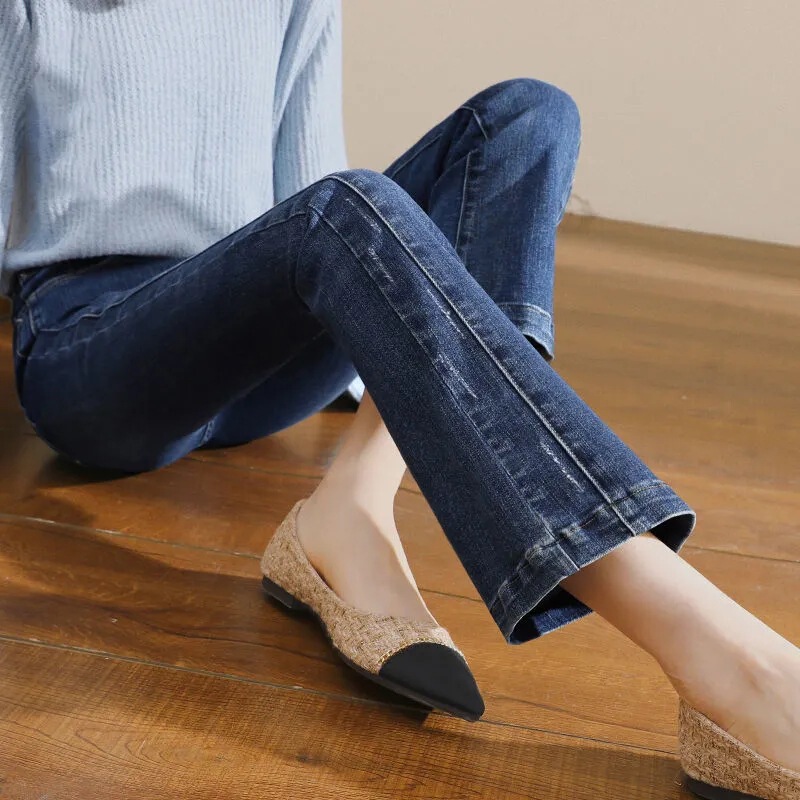 Black Slightly Flared Nine-Point Jeans for Women High-Waisted New Elastic Slimming Look Slim Flared Nine-Point Pants 2024 Spring & Fall