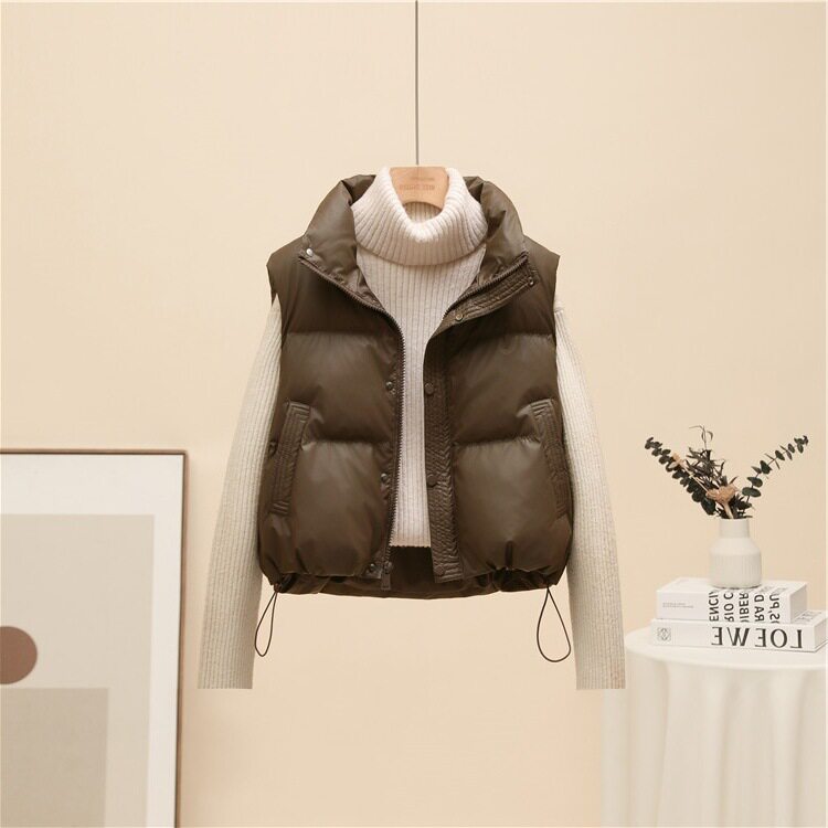 Áo khoác ngắn nữ dáng vest cổ đứng, phối túi khóa kéo ngực, giữ ấm mùa đông — Màu trắng nhạt, Xanh quân đội, màu đen, nâu chi tiết 3