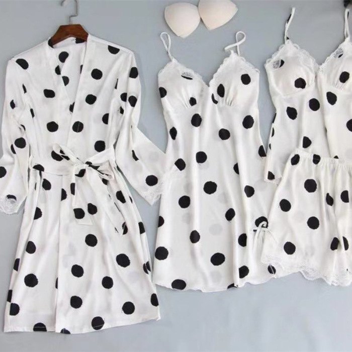 Borneol pajamas Long sleeve spring and autumn Wave Four suit Sternum Self cultivation Thin section silk Home Furnishings sexy