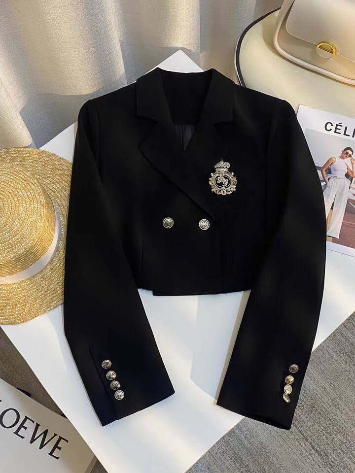 Áo vest nữ dáng ngắn màu đen, tay dài cổ vest một hàng cúc, phong cách thời trang thường ngày — màu đen chi tiết 7