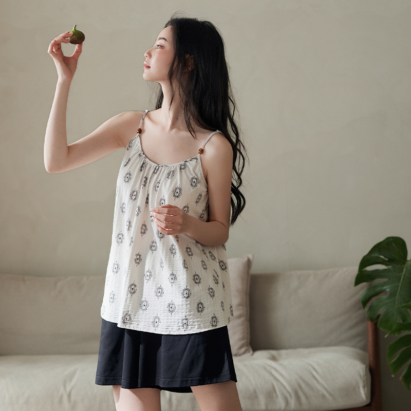 带胸垫睡衣女款夏季纯棉时尚简约防凸点凉感型薄款短裤家居服套装