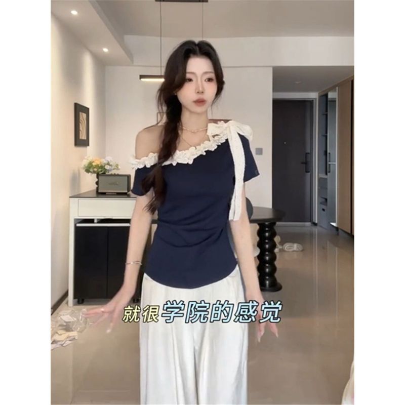 大码蕾丝边露肩系带飘带短袖T恤女夏季新款胖mm修身显瘦遮肚上衣|undefined