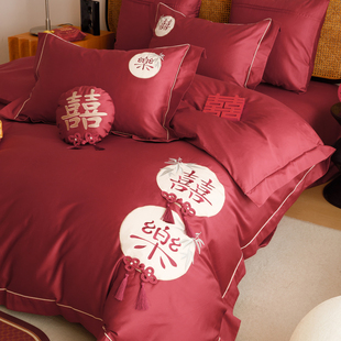 Llromantic 120-Count Double-Strand Long-Staple Cotton Wedding Four-Piece Set Wedding Bright Red Bed Bed Sheets Quilt Cover Wedding Bed
