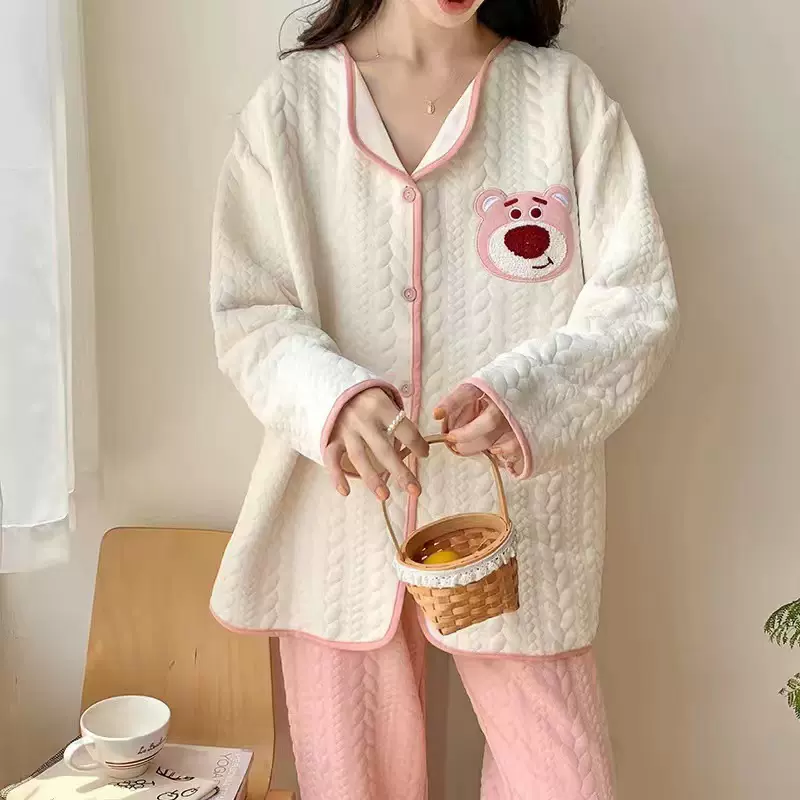睡衣女春秋季2025年新款空气棉草莓熊长袖可爱大码纯棉秋冬家居服