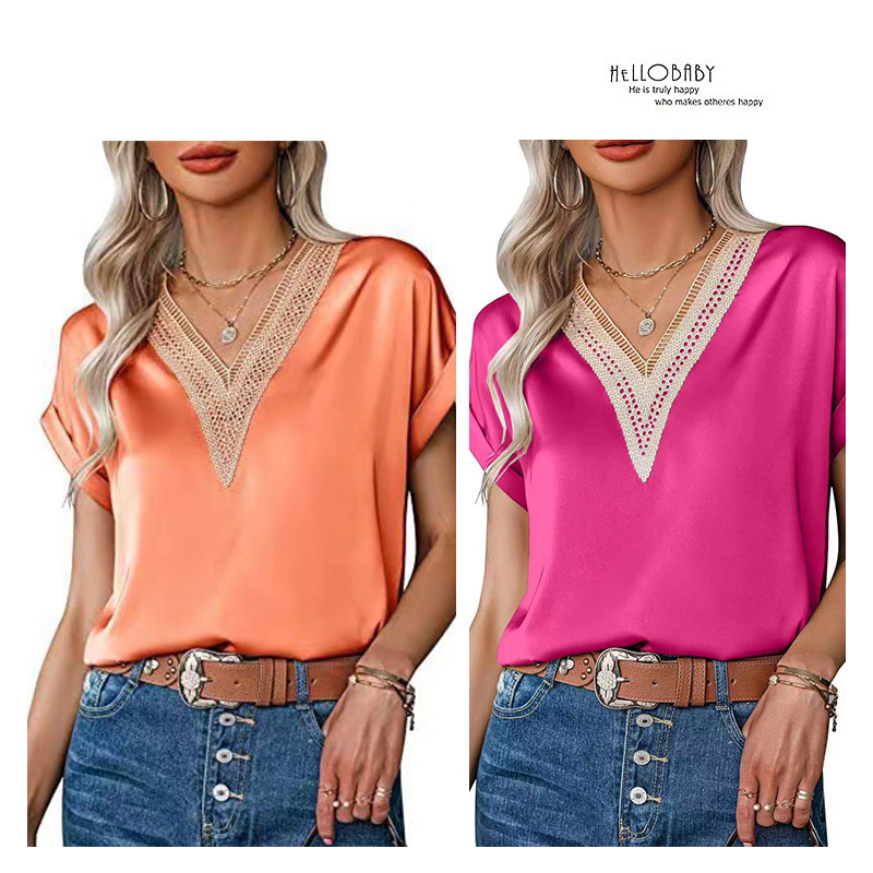 Nueva camiseta de encaje con cuello en v Camiseta de manga corta suelta de satén para mujer Estilo de viaje transfronterizo Ropa de mujer de Amazon europea y americana image 3