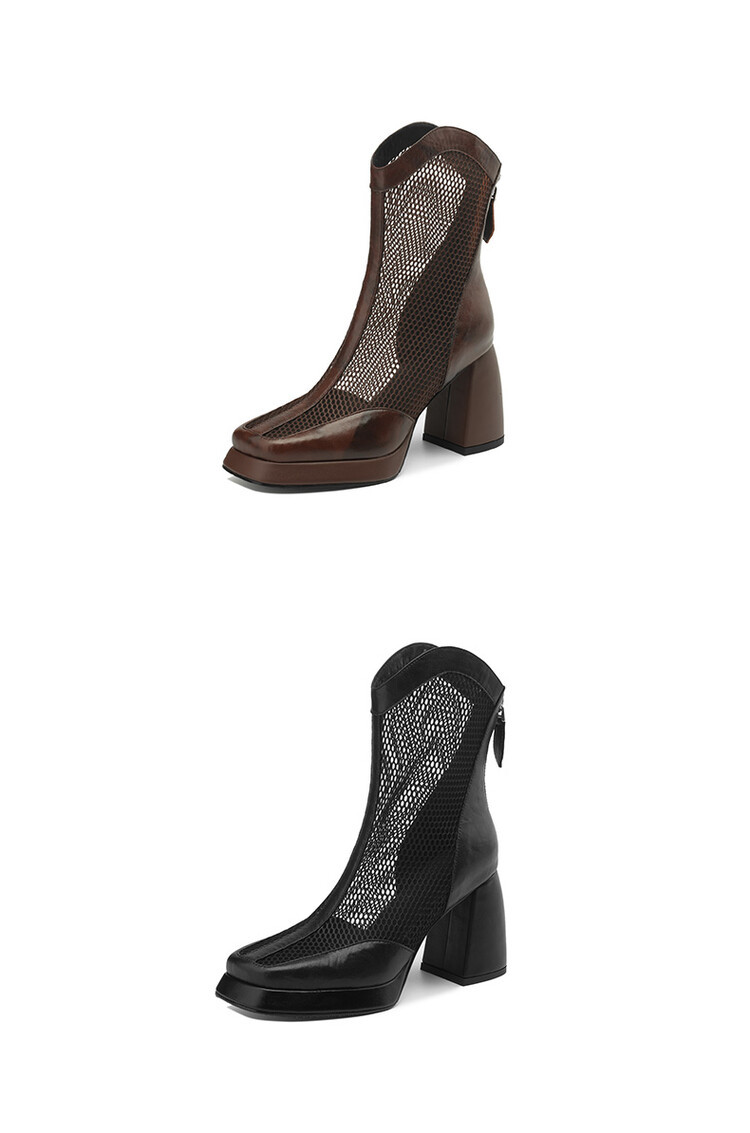 Boot lưới nữ mũi vuông đế xuồng cao gót, phối lưới thoáng mát — Màu nâu, Màu đen chi tiết 18